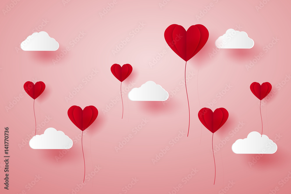 Valentines day , Illustration of love , Red heart balloons flying on sky , paper art style