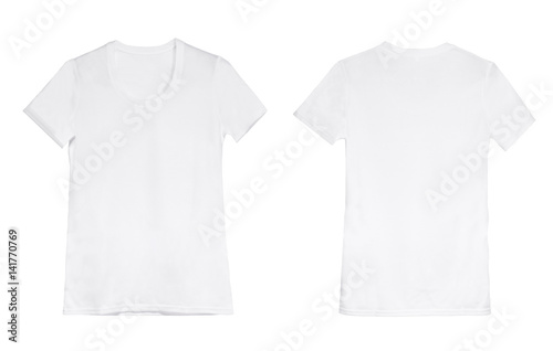 white woman t-shirt on hanger isolated on a white background, back view © Ievgen Skrypko