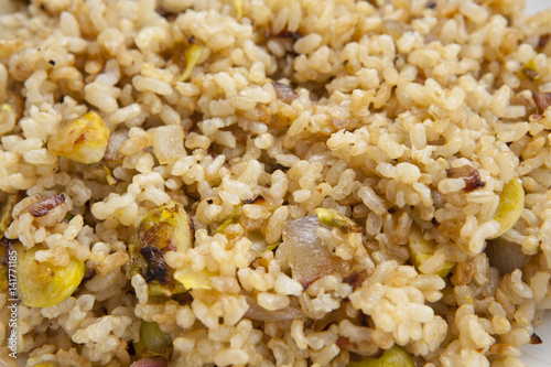 cooked integral rice with vegetables, closeup