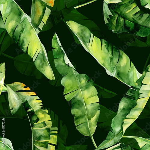 Seamless watercolor illustration of tropical leaves, dense jungle. Pattern wi...