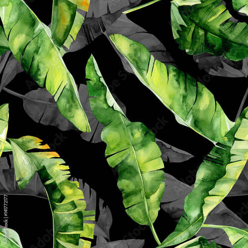 Seamless watercolor illustration of tropical leaves, dense jungle. Pattern wi...