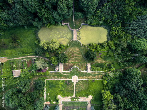 beautiful aerial view on White Swan palace yard in Sharivka park, Kharkiv region, Ukraine photo