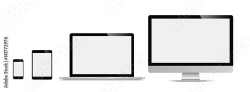 Realistic set of monitor, laptop, tablet, smartphone - Stock Vector