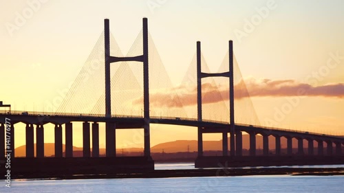 Bridge at Sunset with Reflection in Water - Severn Bridge, England / Wales - Close Up photo