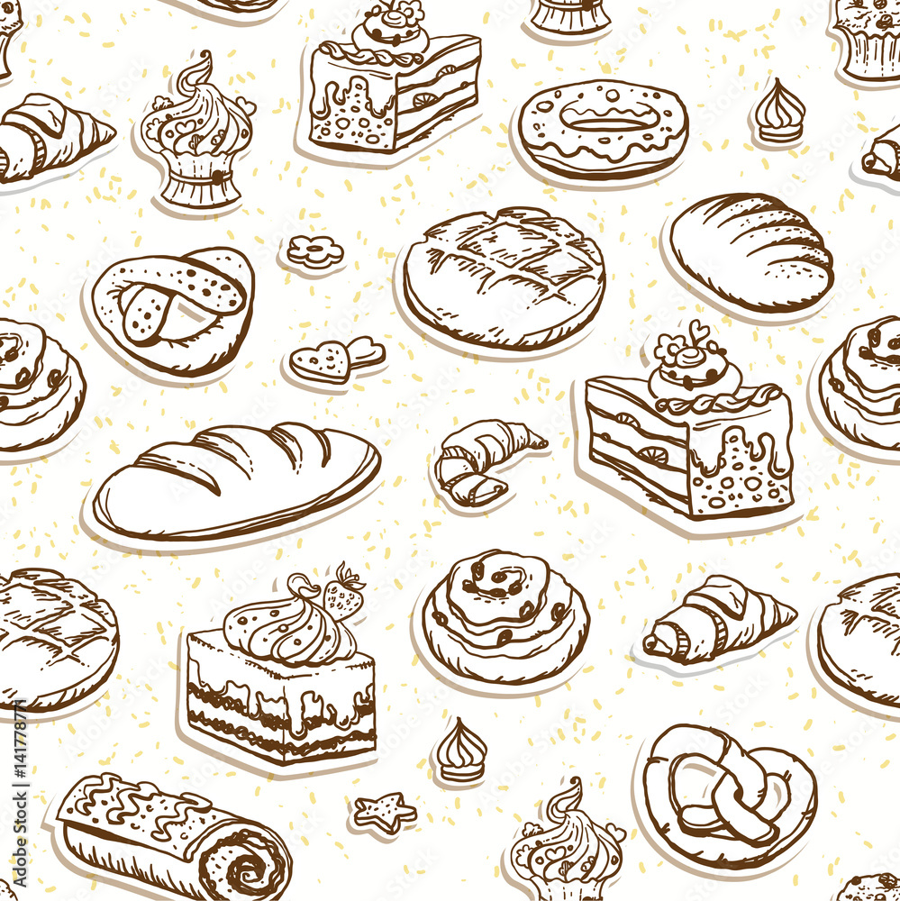 Bread and pastry seamless pattern in brown color.