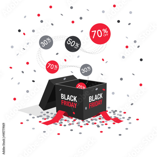 Special offer black friday discount symbol with open gift and flow labels isolated on light background. Easy to use for your design with transparent shadows.
