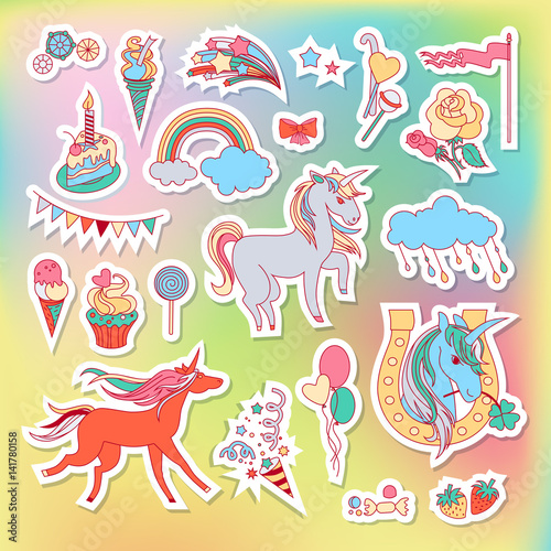 Unicorn multicolor stickers with rainbow  unicorn  cloud  cake  sweets  ice-cream and flag