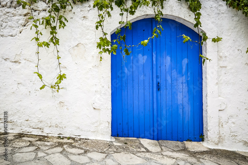 big blue door and a white wall