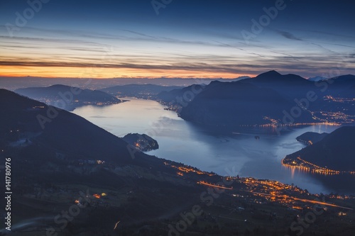 Iseo lake, Lombardy, Italy. A view of Iseo lake at evening from Rodondone mountain, near Santa Maria of Giogo's sanctuary photo