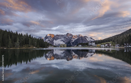 Misurina's lake, Sorapiss, Misurina, Cadore, Belluno, Veneto, Dolomites, Italy. Spectacular sunset at Misurina's lake. photo