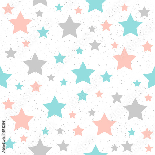 Soft pastel star seamless background. Grey, pink and blue star.