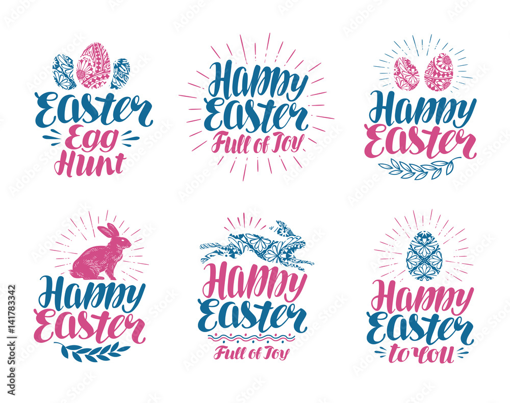 Happy Easter, label set. Handwritten lettering vector illustration