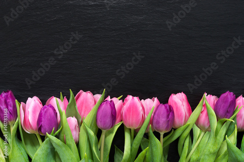 Rosa und Lila Tulpen auf Schiefer Hintergrund