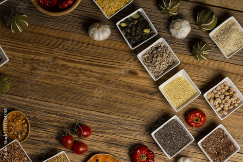 Assortment of legumes, grain and seeds. Various types of grains, rice, legumes spices and herbs