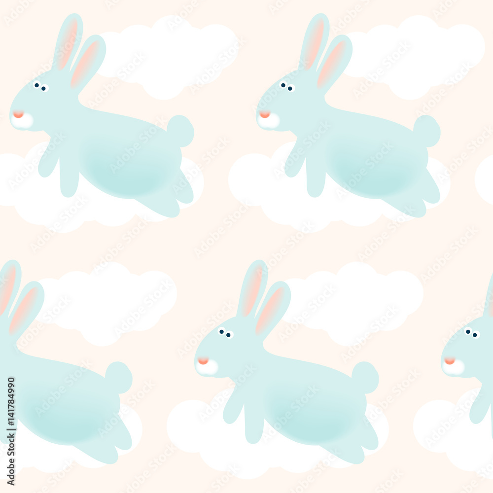 Fototapeta premium Blue rabbit seamless pattern background. Hand drawn rabbit pattern