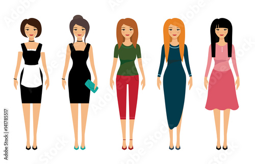 Woman dresscode vector illustration. Beautiful women in different outfits icons on white background