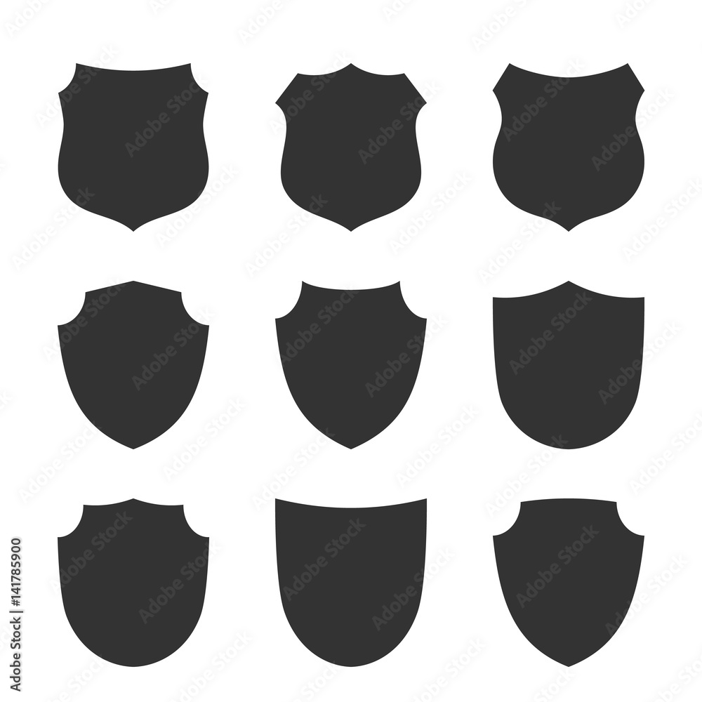 Shield shape icons set. Black label signs, isolated on white background. Symbol of protection, arms, security, safety. Flat retro style design. Element vintage heraldic emblem. Vector illustration