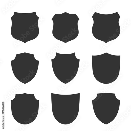 Shield shape icons set. Black label signs, isolated on white background. Symbol of protection, arms, security, safety. Flat retro style design. Element vintage heraldic emblem. Vector illustration