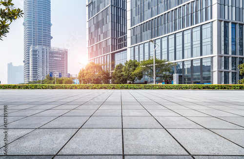 Empty floor with modern business office building