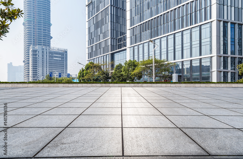 Empty floor with modern business office building