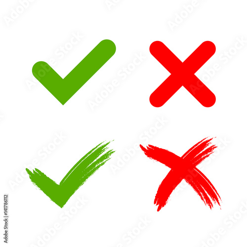 Tick and cross grunge and simple signs. Green checkmark OK and red X icons, isolated on white background. Marks design. symbols YES and NO button for vote, decision, web. Vector illustration