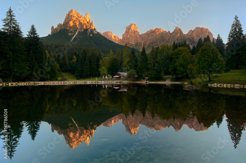 Italy, Veneto, Belluno district, Canali Valley - Sunrise at Welsberg Lake photo