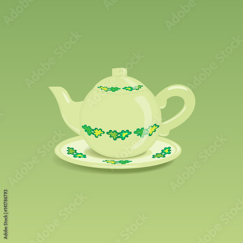 Ceramic teapot icon. Porcelain teakettle with saucer isolated. Freehand drawn cartoon style. Teatime accessories concept. Tableware for tea drinks with clover leaves ornament. Vector illustration