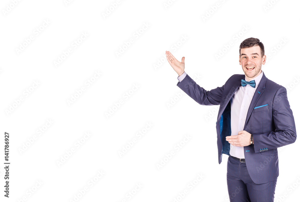 man presenting or showing something your text or product. human emotion expression and lifestyle concept. image on a white studio background. man presenting or showing something your text or product. human emotion expression and lifestyle concept. image on a white studio background.