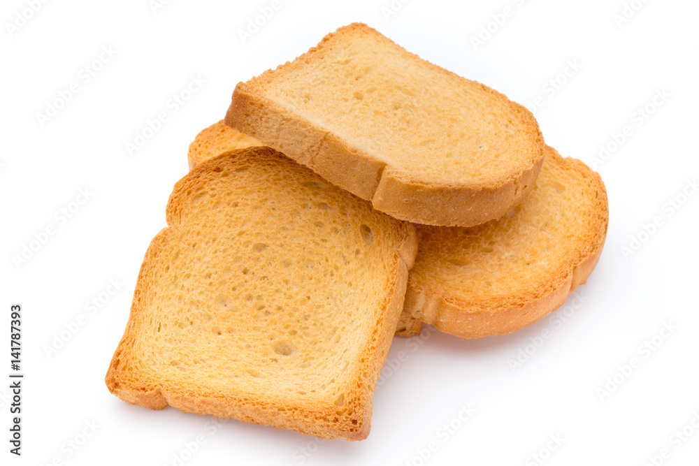 Slices of toast bread on wooden table, top view.