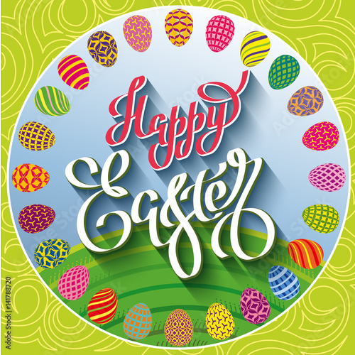 Multi colored easter eggs on a green lawn with the hand drawn lettering Happy Easter_1