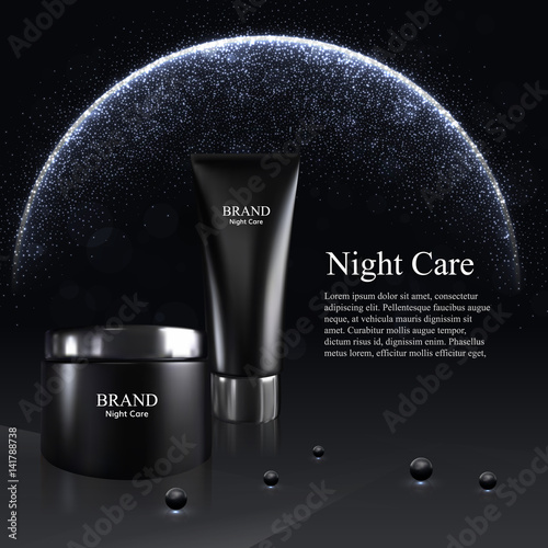 Cream mask and skin toner bottles isolated on the black background with pearls. 3D Realistic vector illustration