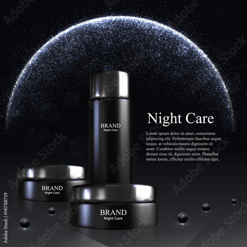 Cream mask and skin toner bottles isolated on the black background with pearls. 3D Realistic vector illustration