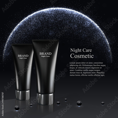 Skin toner bottles isolated on the black background with pearls.3D Realistic vector illustration