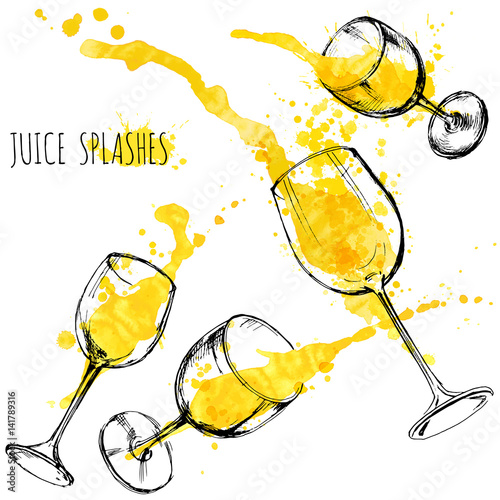 Juice orange and apple splashes in wine glasses, watercolor, sketch vector illustration