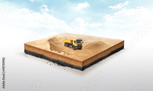 3d illustration of a soil slice, Tipper truck on Sand quarry isolated on white background