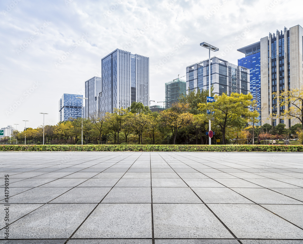 Empty floor with modern business office building