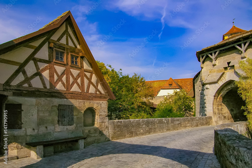 sunny day in the Bavarian city Rothenburg on Tauber
