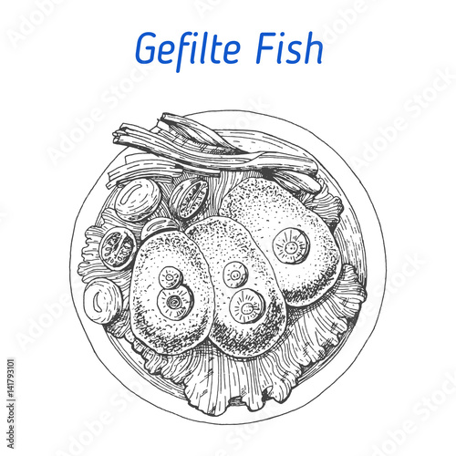 Gefilte fish vector illustration. Hand drawn image. Jewish food.