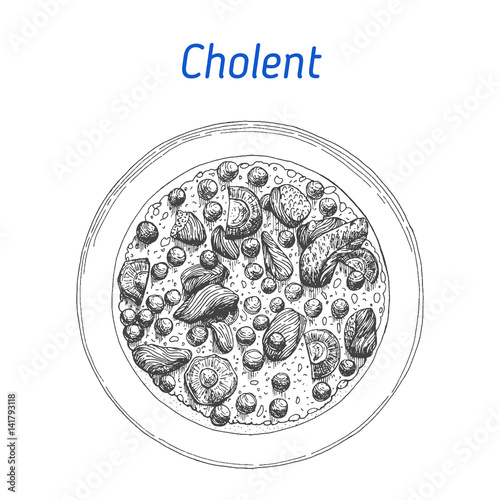 Cholent vector illustration. Hand drawn image. Jewish food. photo