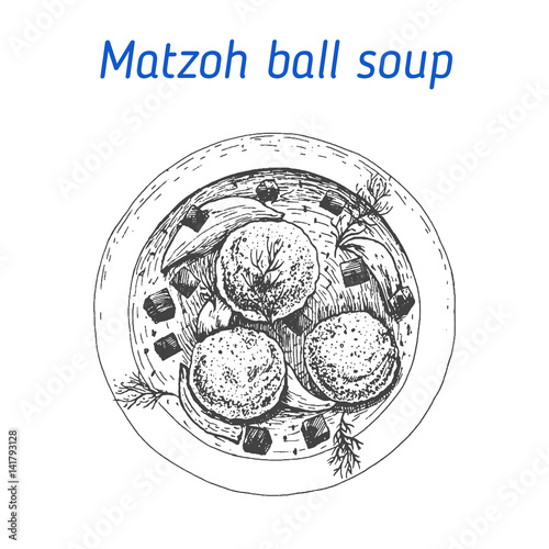 Matzon ball soup vector illustration. Hand drawn image. Jewish food.
