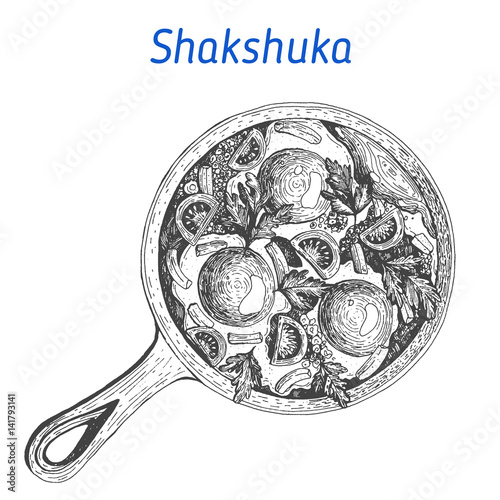 Shakshuka vector illustration. Hand drawn image. Jewish food.