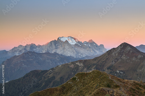 View of Marmolada mountain during sunset photo