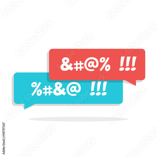Dirty language. Cursing. Chat speech bubble with censored swearing words and shadow. Flat vector illustration isolated on white background.