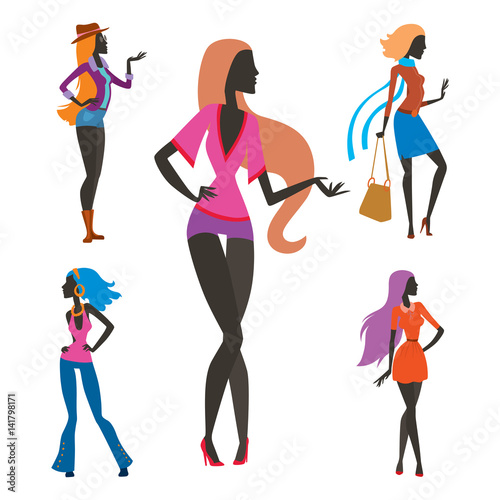 Fashion look girl silhouette beautiful girl woman female and pretty, young, model, style, hair, lady character glamour cute vector illustration.