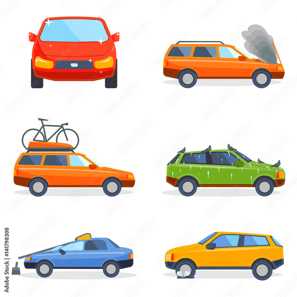 Naklejka premium Car crash collision traffic insurance safety automobile emergency disaster and emergency disaster speed repair transport vector illustration.