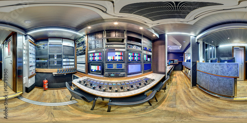 360 panorama inside broadcast mobile television station in 3D view equirectangular ob van station camera control module inside obvan panorama 360 inside obvan equidistant 360 3d pano