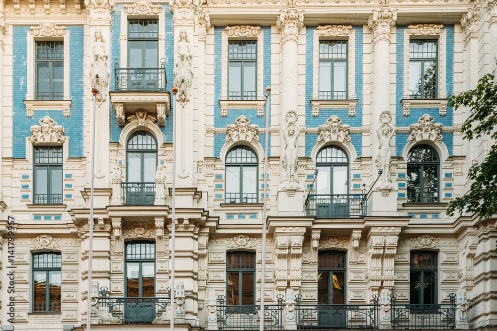Riga, Latvia. Facade Of Art Nouveau Building Designed by Mikhail