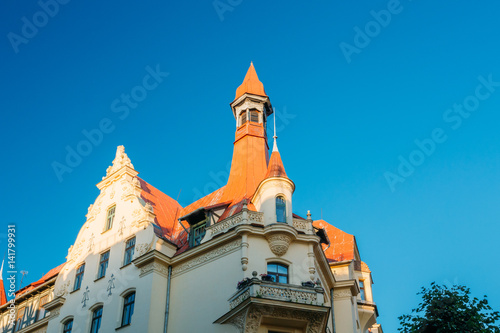 Riga, Latvia. Facade Of Old Art Nouveau Museum Building Designed photo