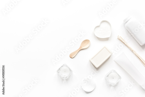 monochrome cosmetic set in SPA concept on whitebackground top view mock up