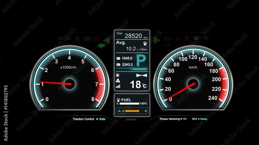 Animation of car dashboard speed rpm meter and automobile icon for transport concept